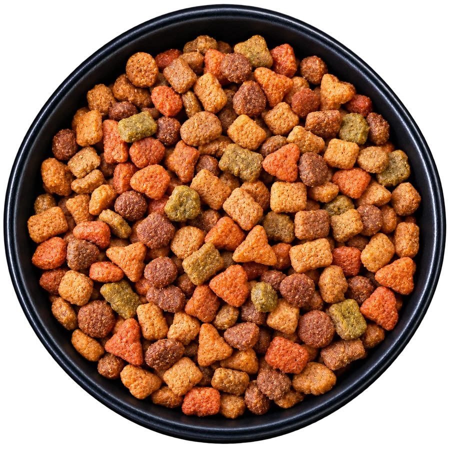 A bowl of regular dry kibble, seen from above