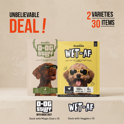 Two Zoomies dog food packages, 'D-OG STUFF' and 'WET-AF', on a beige background with promotional text.