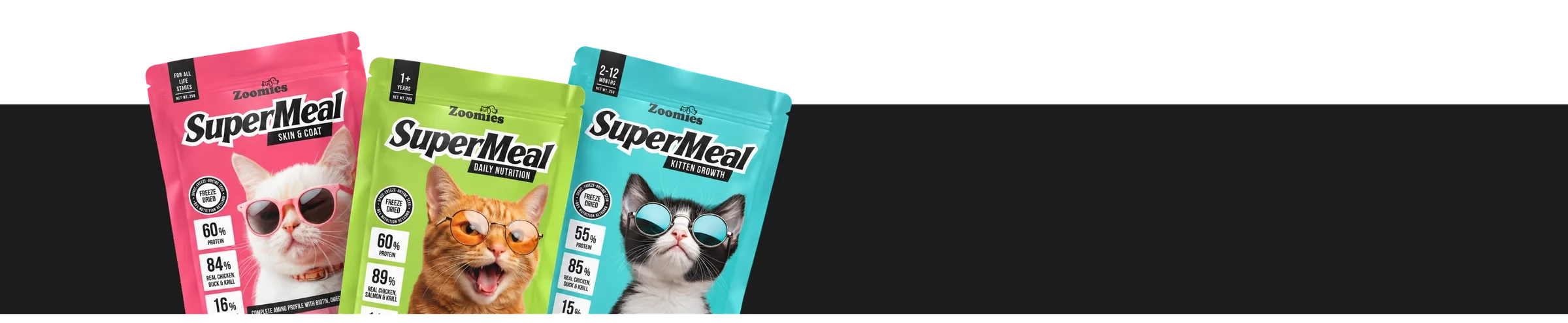 SuperMeal Skin and Coat, Daily Nutrition and Kitten Growth pouches.