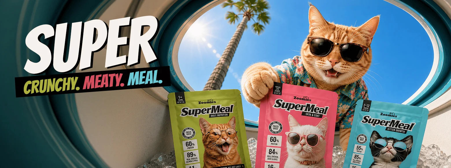 Super crunchy, meaty meal. A cat in sunglasses and a Hawaiian shirt with SuperMeal Daily Nutrition, Skin and Coat, and Kitten Growth pouches through a porthole