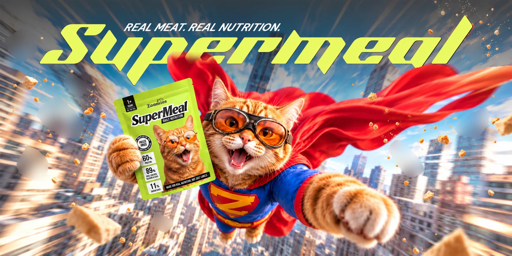 SuperMeal. Real meat. Real nutrition. A ginger cat in a superhero cape flies through the city holding a SuperMeal Daily Nutrition pouch.